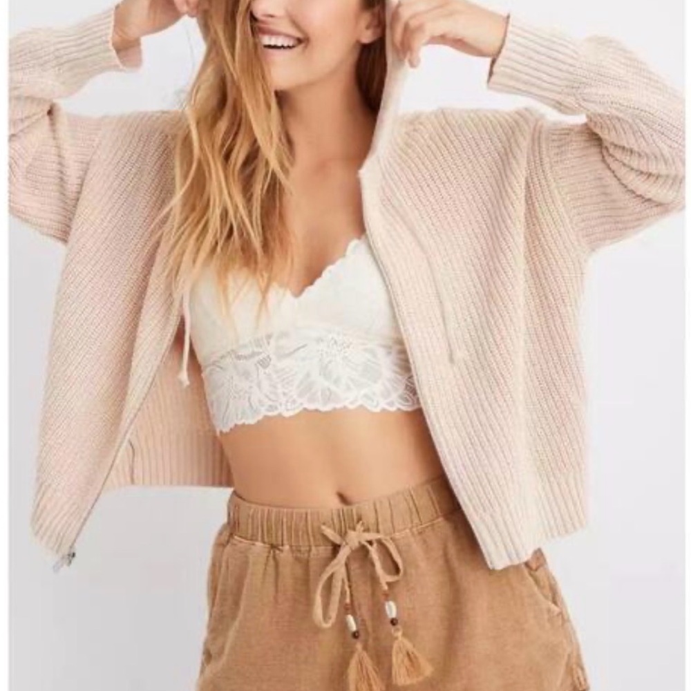 Aerie Cable Knit Ribbed Zip Up Hoodie Sweater